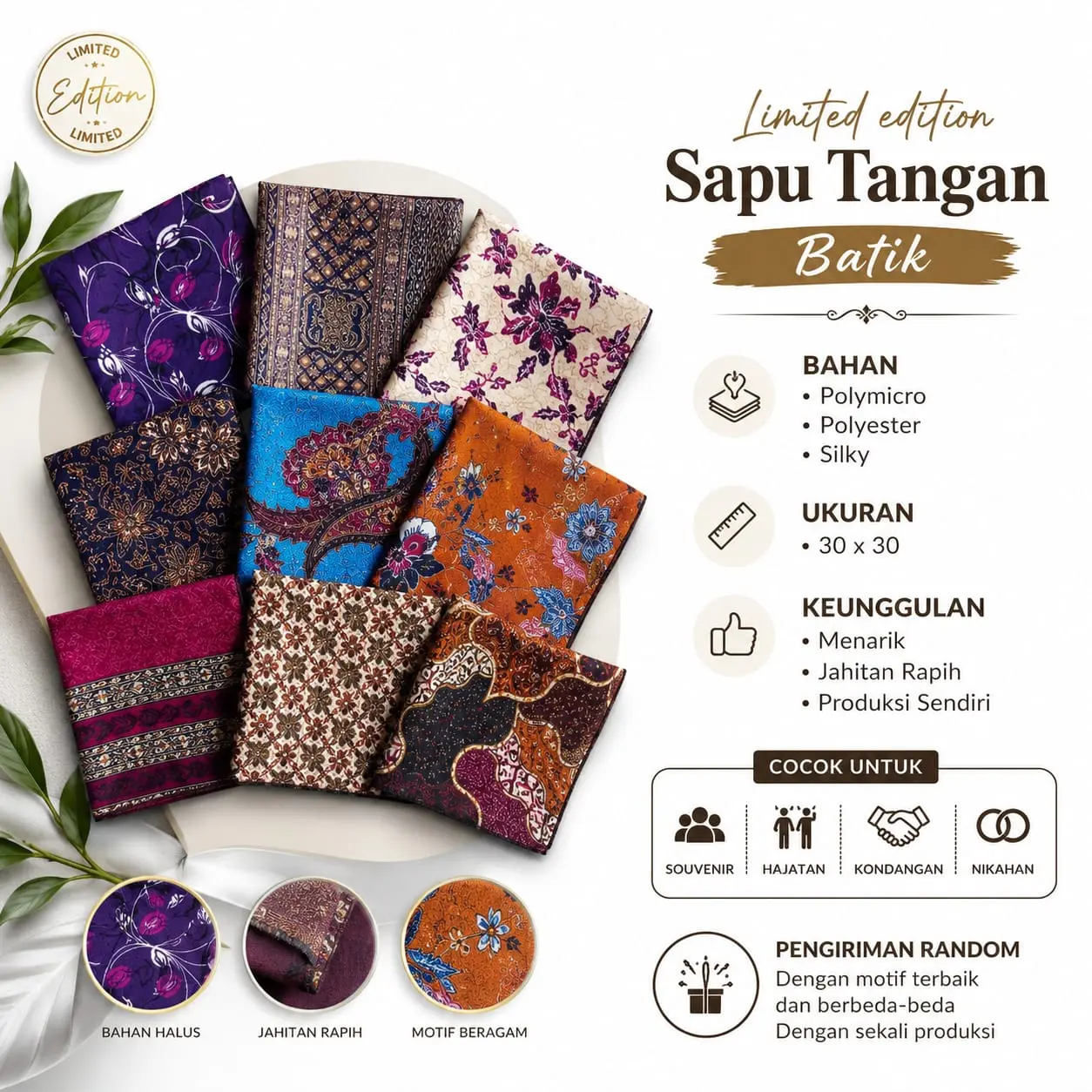 Saputangan Batik Premium 30x30 cm | Sapu Tangan Motif Batik Halus Jahitan Rapi