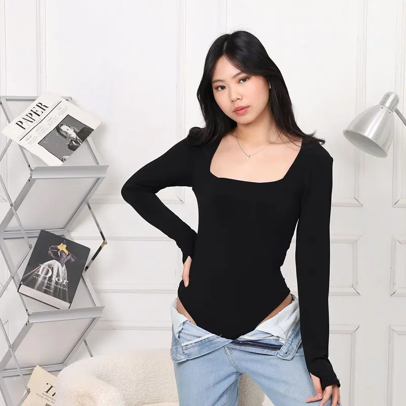 Lassmee | MINJI XL Baju Atasan Wanita Long Sleeve Leher Kotak / Bodysuit XL Basic Polos Lengan Panjang Leher Kotak / Kaos Jersey Spandex XL Square Neck 0