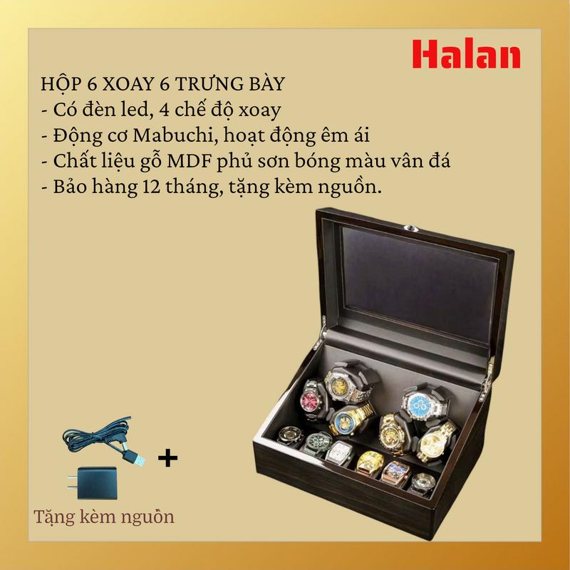   MẪU MỚI - TẶNG KÈM ADAPTER  Hộp xoay 6 đồng hồ + 6 trưng bày - có đèn led - vân đá sang trọng - mở nắp tự dùng - 4 chế độ xoay - gối  Cao Su non Decor Decor Phòng 