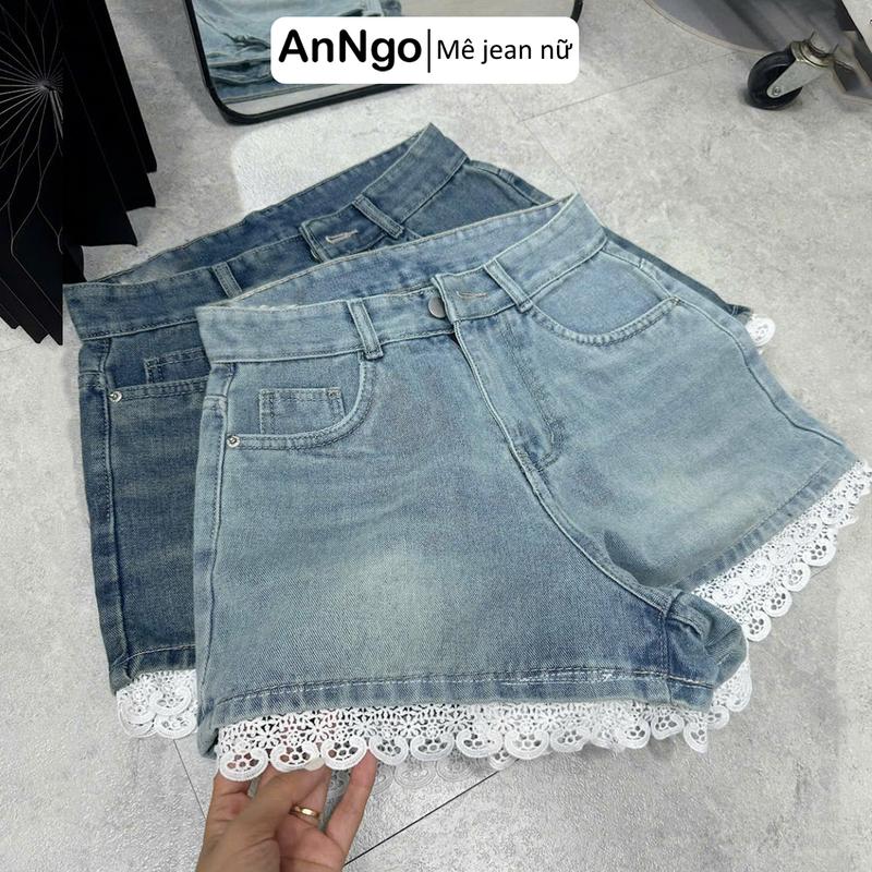 (Có big size) Quần short jean nữ cách điệu viền ren cá tính, chất jean denim không giãn mềm mịn Anngo - AT518