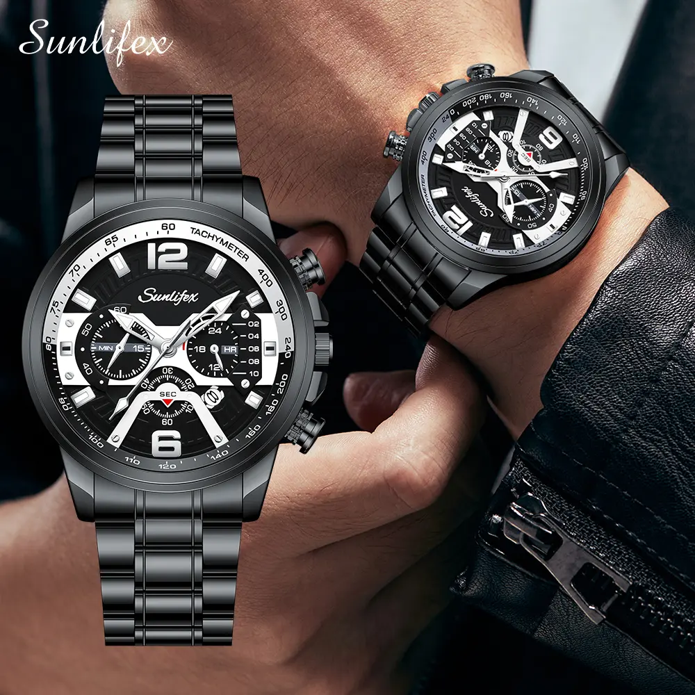 Sunlifex Jam Tangan Pria Kalender Kasual Kemewahan Tali Stainless Steel Kuarsa Jam Tangan Cowok Watches SL9033