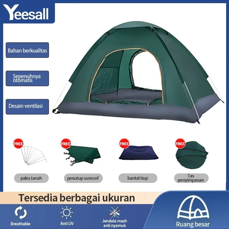 Tenda Camping Hijau Kapasitas 3-4 Orang - Tenda Otomatis Instan untuk Outdoor & Indoor, Anti Air