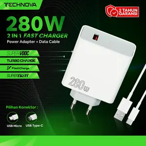 Technova Charger 280W Fast Charging untuk Oppo Vivo Samsung Micro & Type C Support VOOC All Type Android Series dengan Kabel Data