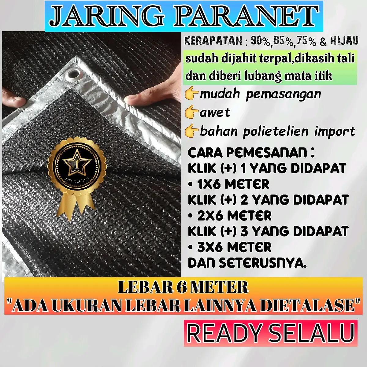 Jaring Paranet Lebar 6 Meter Sudah Dijahit Terpal dengan Tali dan Diplong