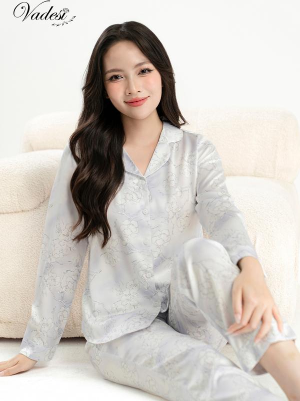 Bộ quần dài tay dài pijama Vadesi mẫu hoa mộc lan chất liệu lụa cao cấp sang mát nhẹ mềm mại 