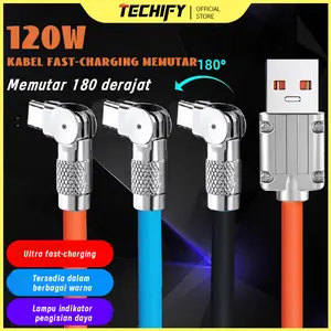 Kabel Data Pengisian Cepat dengan Kepala Putar 180°, Super Cepat 120W/6A, Kabel Silicon Gamer Tebal untuk Pengisian Ponsel dan Komputer, Kabel Pengisian untuk Ip type C PD Micro USB untuk IOS Lightning yang Kompatibel dengan Iphone IOS/Android