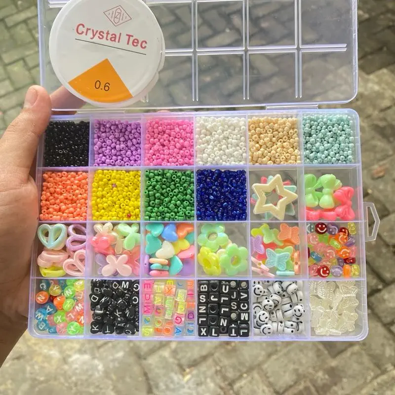 BISA COD Manik MoTe Pasir 8/o 3mm Manik 24Warna Plus Box (+ Senar Elastis) Murah Lengkap
