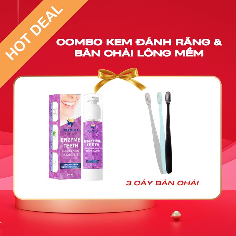 LIVE - Kem Đánh Răng VỊ NHO OKAMULA Sắc Tím Hỗ Trợ Trắng Răng 2 in 1 Tặng 5 Bàn Chải Lông Mềm - Serum Làm Trắng Răng An Toàn Hiệu Quả
