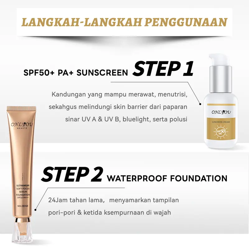 【BPOM Certification】ONLYOU PAKET ONLYOU Serum Foundation Cair Menyamar Noda+ ONLYOU Sunscreen Cream Isolation Makeup Primer 3-in-1 Tabir Surya COD【Sunscreen*1+Foundation*1+PUFF*1】 Bibir Waterproof【COD】 1