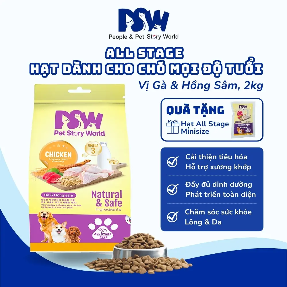 [PSW All Stage] Hạt Thức Ăn Cho Chó Mọi Độ Tuổi Vị Gà & Hồng Sâm Cao Cấp Hỗ Trợ Chắc Xương, Dưỡng Lông, 2kg