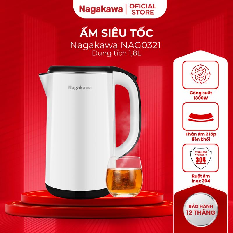 Ấm Đun Siêu Tốc 2 Lớp Inox 304 Nagakawa NAG0321 – Dung Tích 1.8L – Công Suất 1800W – Ruột Ấm Inox 304, Màu Trắng/Xanh – Bảo Hành 12 Tháng
