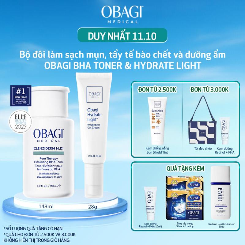 [MEGA 10.10] Bộ đôi dưỡng da Obagi Toner loại bỏ tế bào chết chứa 2% BHA Clenziderm Pore Therapy 148ml & Kem dưỡng ẩm Obagi Hydrate Gel Cream 48g