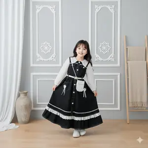 Gaun Adelin Snow Hitam Anak Perempuan Muslimah Motif Bunga Full Kancing Usia 3-10 Tahun Pakaian Viral Bahan Premium Denim Mix Tangan Brukat Saku Depan Cantik & Modern Terbaru 2026