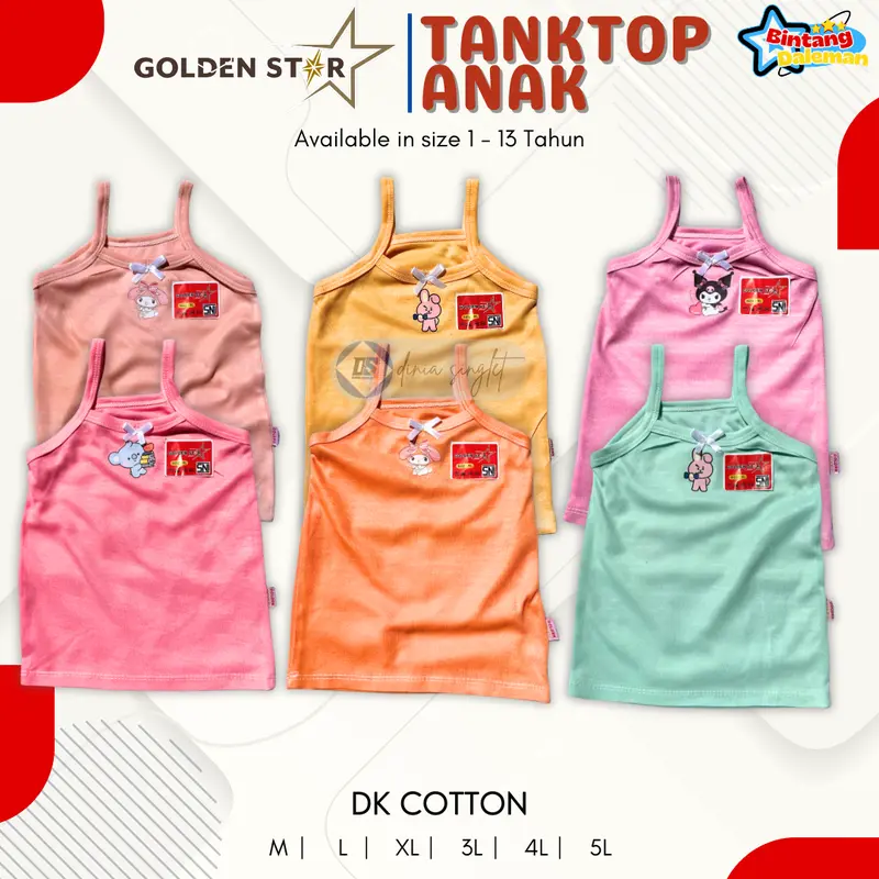 6 pcs singlet kaos dalem anak perempuan karakter labubu bt21, kuromi, cinamoror / tanktop anak lusinan golden Star / tengtop anak perempuan dalaman kaos dalam 4