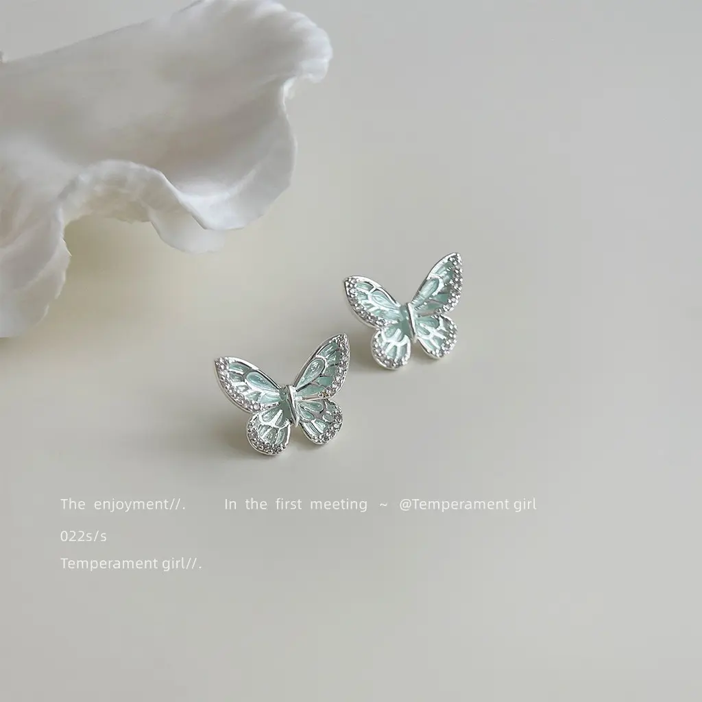 Micro-set Zircon Mint Mambo Green Enamel Silver Needle Butterfly Earrings for Women - Fresh, Sweet, Simple Summer New Style Earrings sea  monkeys  necklace engagement  rings