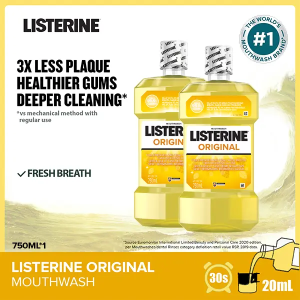 LISTERINE Original Mouthwash 750ML x2 - Menghilangkan Bau Mulut dan Menyegarkan Nafas