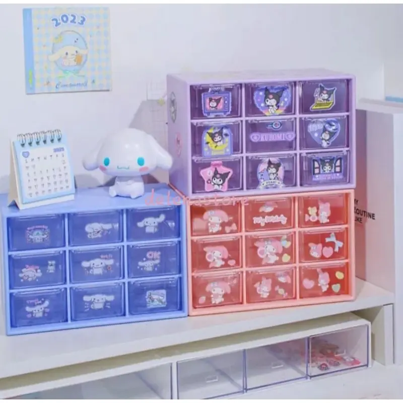 Kotak Laci Mini 9 Sekat Free Sticker Random Hello Kitty Melody Kuromi Cinnamoroll Pompurin Rak Laci Penyimpanan Aksesoris 0