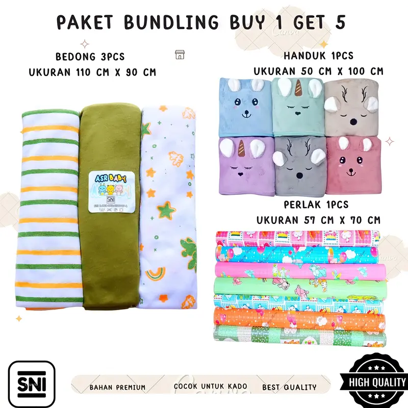 Paket Bundling Bayi Baru Lahir Buy 1 Get 5 (Bedong Jumbo 110 x 90 cm, Handuk Microfiber, Perlak Bayi) - Alas 3