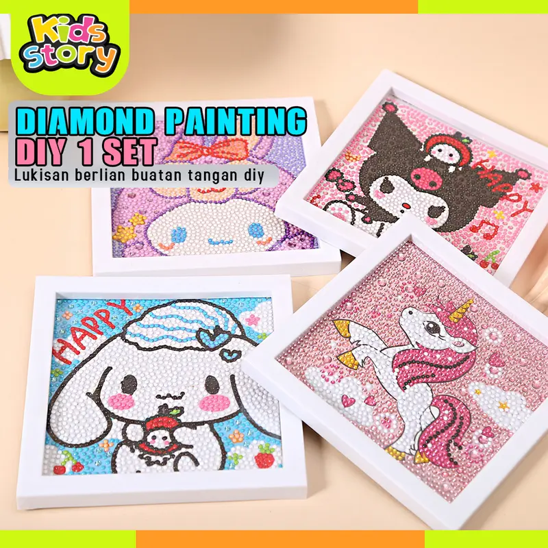 Diamond Painting Set dengan Bingkai Stiker Puzzle Mainan Edukasi DIY Gambar Anak 5D Diamond Painting Full Kit Set Berlian Bulat DIY Kreatif Dekorasi Kamar Anak Kuromi Cinnamoroll Lotso 0