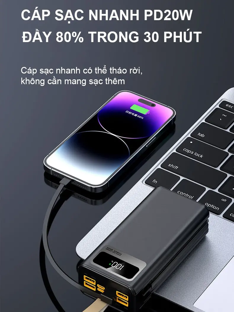Sạc Dự Phòng HB63 50.000MAH , Tích Hợp 2 Dây Sạc , Sạc Siêu Nhanh,  Bảo Hành 12 Tháng [ Đổi trả bất kỳ lý do gì ] Phụ Kiện Điện Thoại Pin Dự Phòng Đèn | BigBuy360 - bigbuy360.vn
