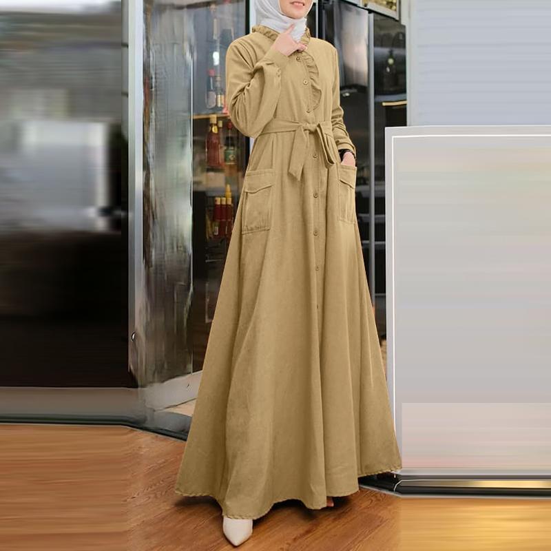 Waist-Tight Solid Color Dress Women's Muslim Arab Lace Stand Collar Long Sleeve Tied Pocket Dress 2