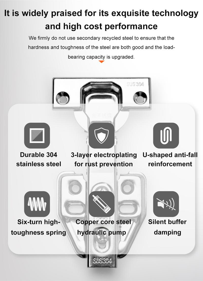 Product Introduction of tainless Steel 304 Door Hinges Hydraulic Kitchen Cabinet Furniture Soft Close Hinge Engsel Pintu  Quality Conceal Standard Closet Wardrobe Concealed Perabot Almari Heavy Duty Hinge5/8" Full Overlay Kabinet Slow Closing Ensel DIY / Home Hardware Stainless 25