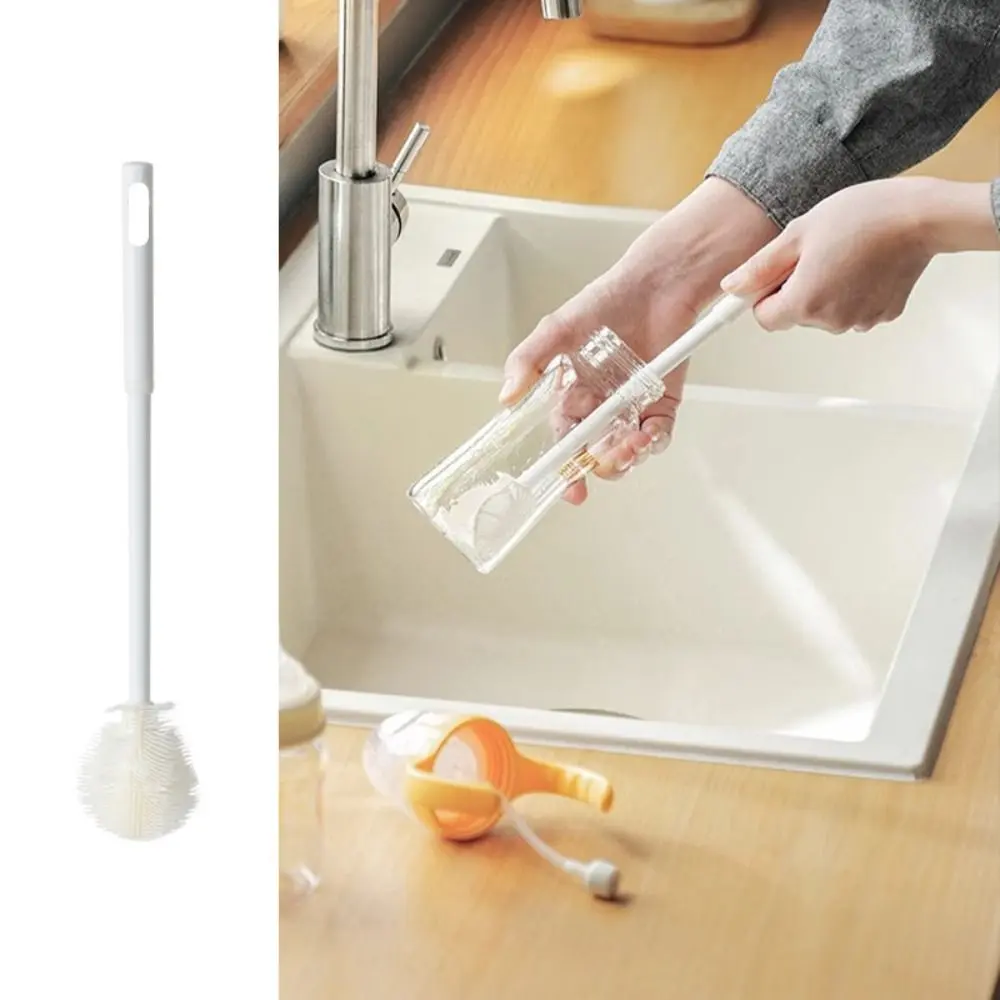 New Silicone Cup Brush Long Handle Folding Brush Head Cup Scrubber White Glass Cleaner Feeding Bottle