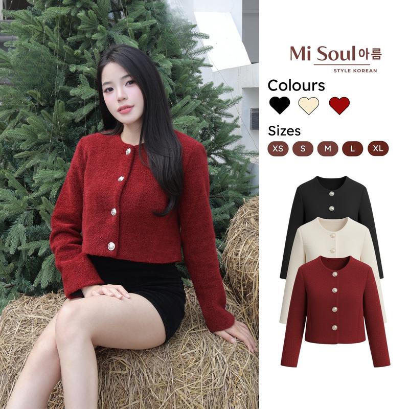 Áo Khoác Dạ Tweed Len Thỏ Nữ Croptop Cổ Tròn Dài Tay 2 Lớp MiSoul 517 Bigsize Áo Dạ Dáng Lửng Form Tiểu Thư Sang Trọng
