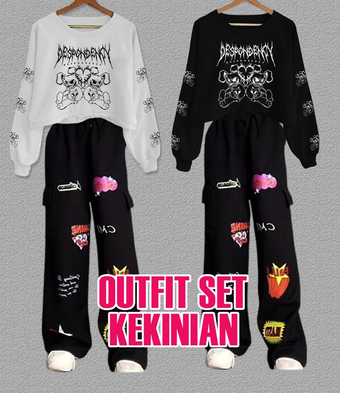 ONE SET DESPONDENCY SWEATER CROP+ CARGO BLAST WANITA SET TERBARU Crop Top Lengan Tangan Panjang Motif Sablon Keren Stylish Modern Celana Setelan Cewek Bahan Flecee Linen Topi 0