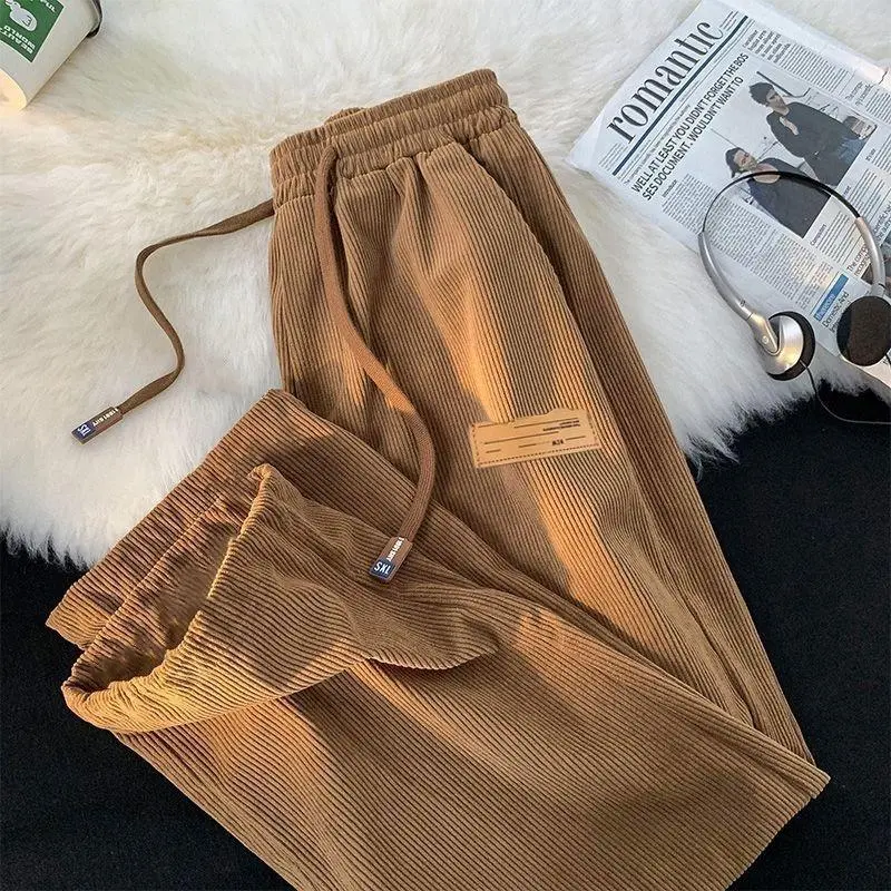 GDTIMA Celana Corduroy Wanita Celana Panjang Elastis High Waist Straight Pants