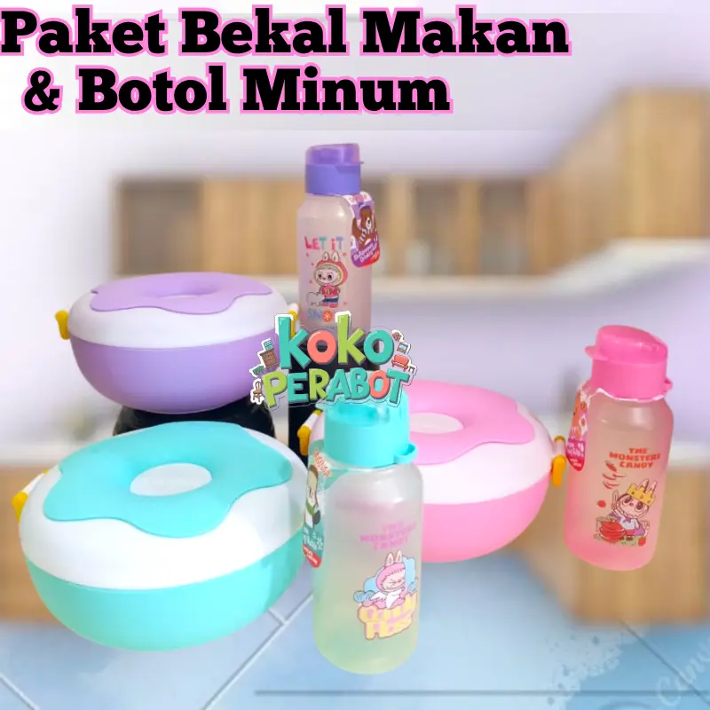Paket Bekal Makan & Botol Minum - Lunchbox Donat & Botol Fliptop 350 ML Gambar - Bekal Makan Anak - Botol Minum Anak