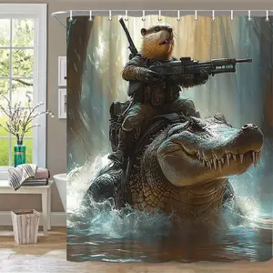 1pc Anthropomorphic Otter Commando on Crocodile Shower Curtain - Misty Jungle Fantasy Adventure Design, 70. 86 x 70. 86 Inches,