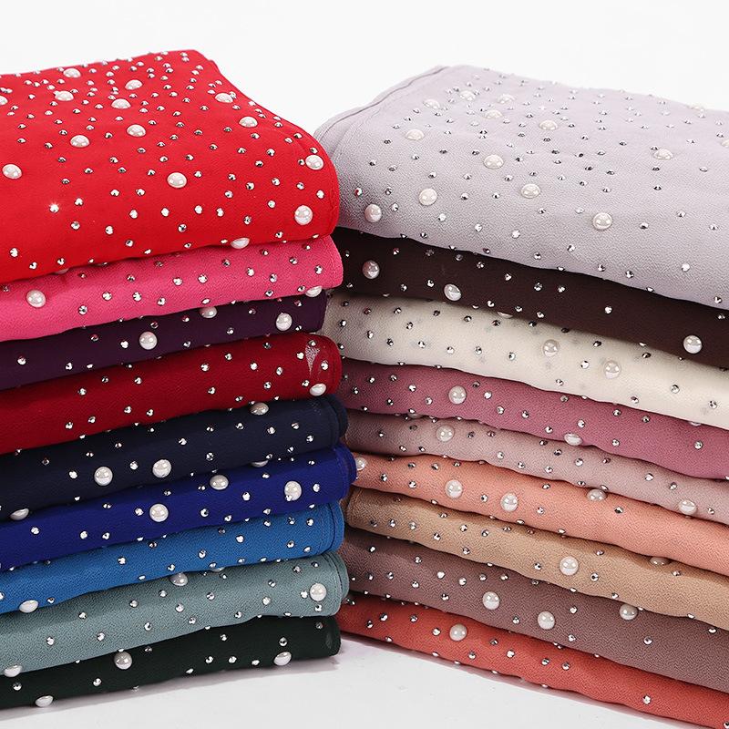 Malaysia Indonesia Pearl Chiffon material Baotou scarf rhinestone porcelain decorative fashion headscarf_voghion.com