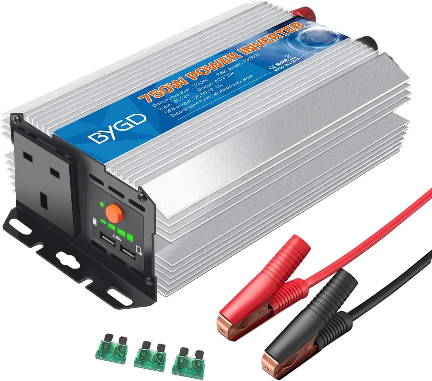 BYGD 750W Power Inverter, DC 12V to AC 230V Car Converter, Car Power Adapter with Dual USB Ports for Travelling, Camping, Going Out and more.