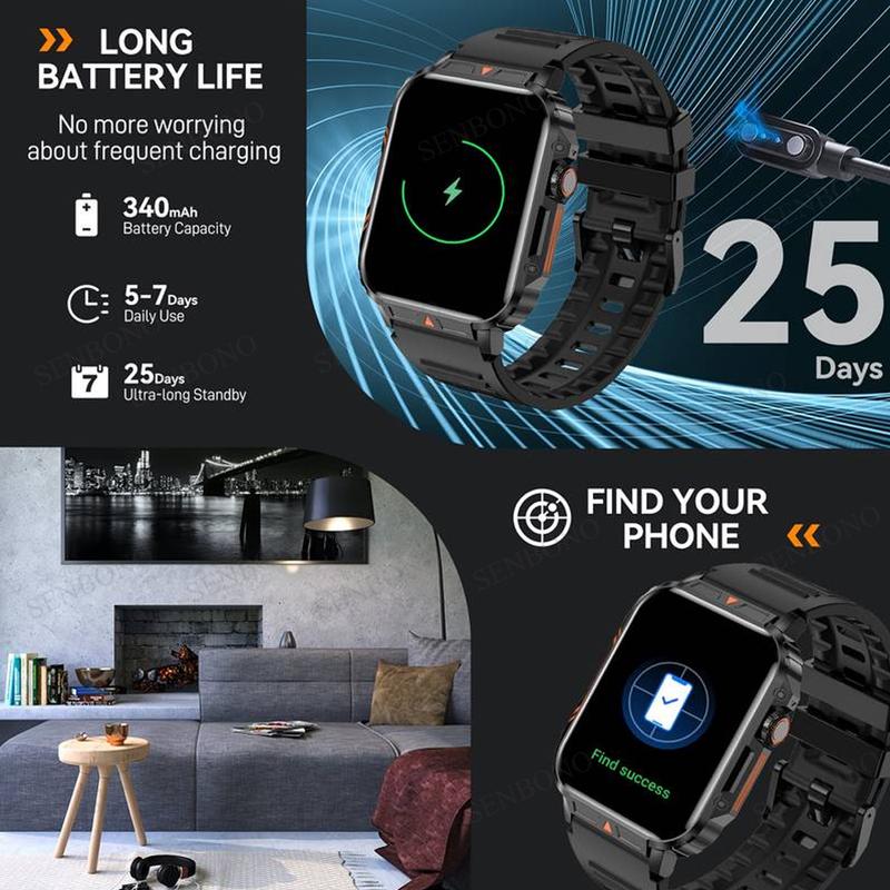 Senbono - đồng hồ thông minh nam 2024, 1,95 inch, Bluetooth , cuộc gọi, IP68, không thấm nước, thể thao, theo dõi sức khỏe 1