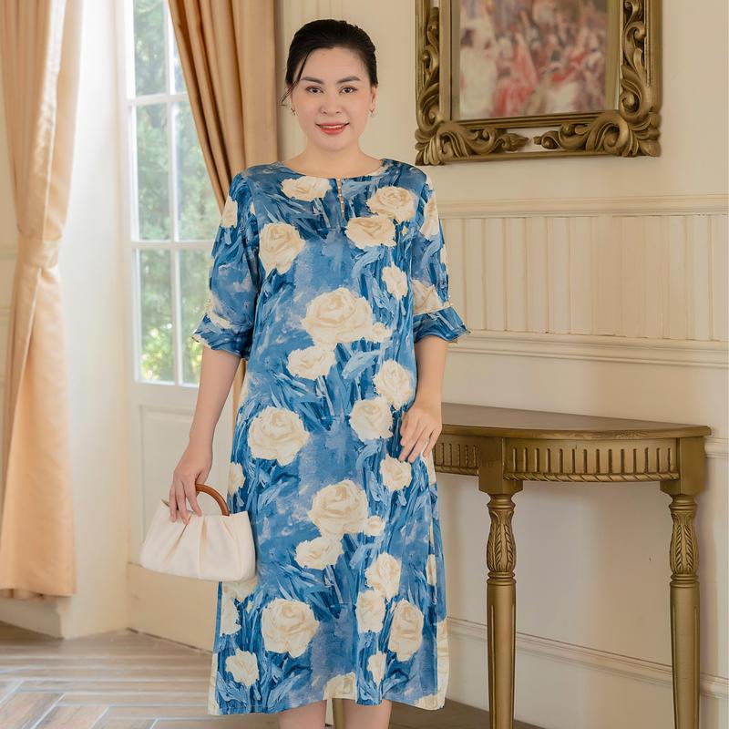 Đầm Trung Niên GUMOM U50 U60 Cao Cấp Cổ Tròn hoạ tiết Hoa Sang Trọng - Đầm quà tặng cho mẹ Nữ Women Dress Voan Voi Cotton