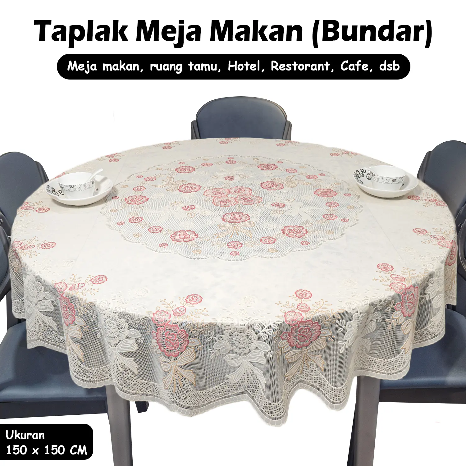 Taplak Meja Bundar Bulat Diameter 150cm / Taplak Meja Bundar Diameter 180cm / Bahan PVC Berkualitas Tebal Anti Air & Anti Minyak Hiasan Ruang Makan Waterproof Ruang Tamu / D44-A,C / D45-A,C / D41-A / D45-D