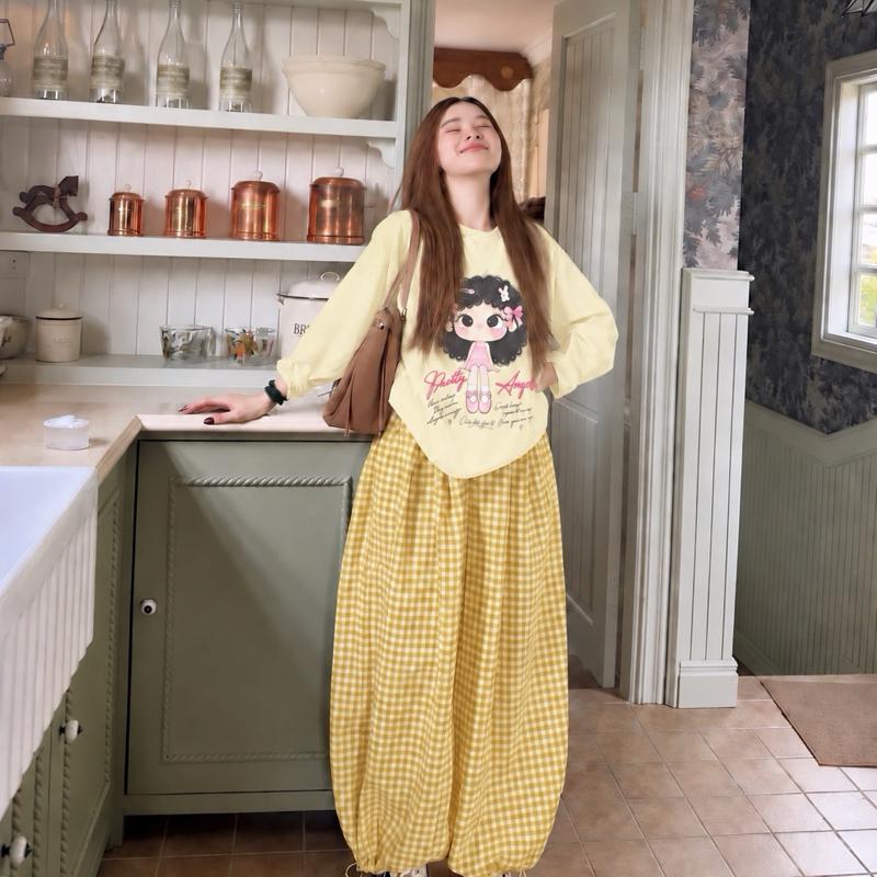 Sét bộ nữ dài tay áo cotton in cô gái ANGEL mix quần caro dáng bom rút gấu freesize 45-55kg form rộng thoải mái phong cách Hàn Quốc( Cao trên 1m50)