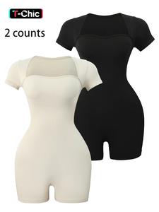Mono deportivo básico de color liso con cuello cuadrado y control de abdomen para mujer, conjuntos de otoño, ropa de pickleball y tenis, body deportivo de manga corta con ribete para mujer, ropa de mujer