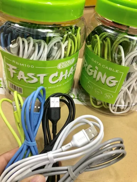 KABEL DATA MICRO ROBOT RBM100S (1TOPLES isi 15 PCS/ISI 20 PCS) KABEL DATA MICRO 100CM 2A TERMURAH DAN TERLARIS SE NUSANTARA Lentur Panjang PUTIH BIRU  Hijau Hitam 2