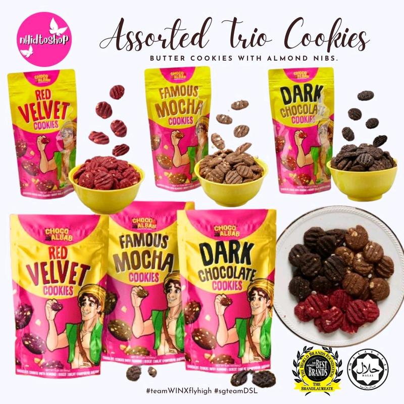 Choco Albab Trio Cookies | Flavoured Snack | Red Velvet, Dark Chocolate & Famous Mocha | Butter Cookies With Almond Nibs | SG Ready Stock | Great for dips | Crushed Ice Blended Toppings | Kuih Raya cookie 1
