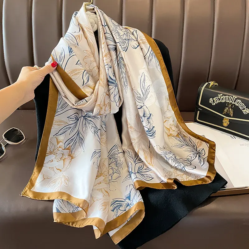 Fashion Soft Long Silk Scarves Four Seasons 180X90CM Shawls Luxury Brand Satin Finish Scarf Women Sunscreen Print Beach Stoles