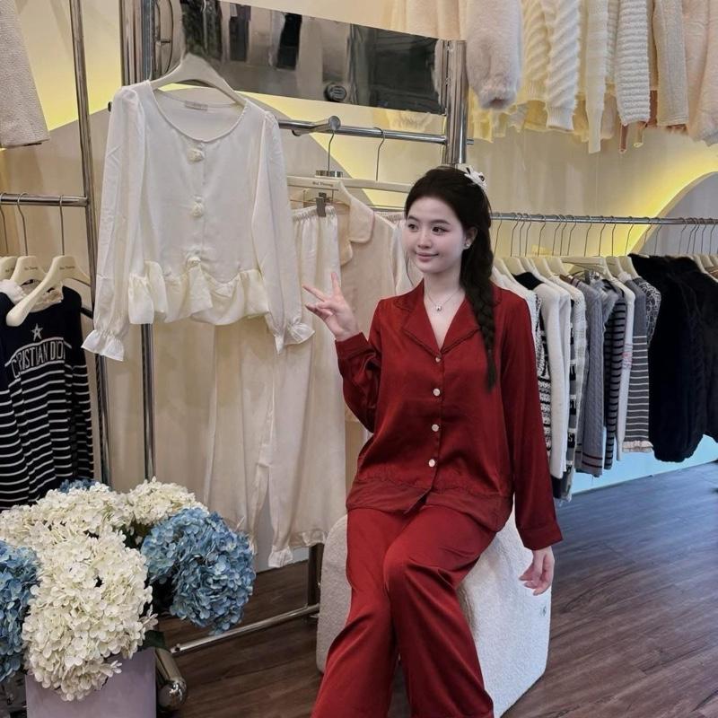  N412 - Pijama dài tay tiểu thư cúc ngọc phối viền ren thêu  cao cấp hàng LYLY- Bộ ngủ mặc nhà hàng quảng châu cao cấp 