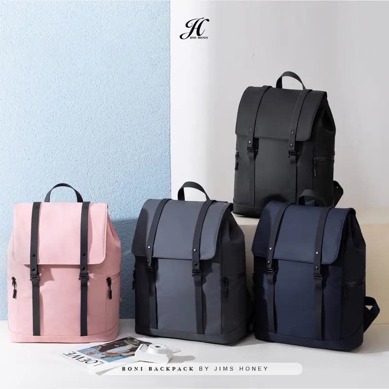 JIMS HONEY Boni Backpack Tas Ransel Unisex Kulit Sekolah Kuliah Kerja Hitam Wanita Pria Anti Air Muat Laptop 5