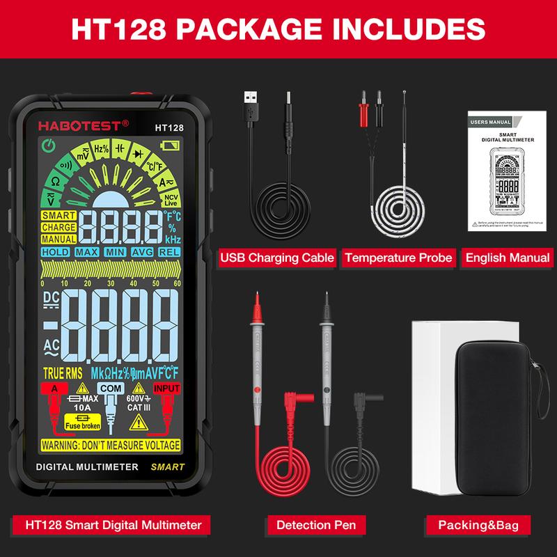 Product Introduction of HABOTEST HT128 Smart Digital Multimeter Rechargeable Non-Contact Touch Screen Multimetro Tester transistor 6000 Counts True RMS NCV Auto Range DC/AC Voltmeter 44