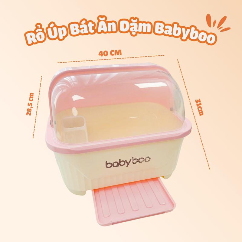 Kệ úp bát úp bình sữa Babyboo size to có nắp đậy liền kèm máng hứng nước Rổ úp bát úp bình sữa đựng đồ ăn dặm cho bé Kem