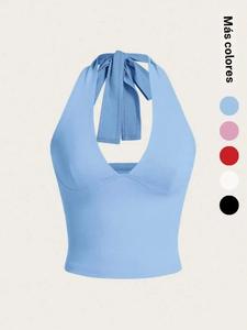 Top corto sin mangas con cuello halter y nudo en la espalda en color liso para mujer, top informal sin mangas con escote en pico para verano, ropa de mujer para el día a día