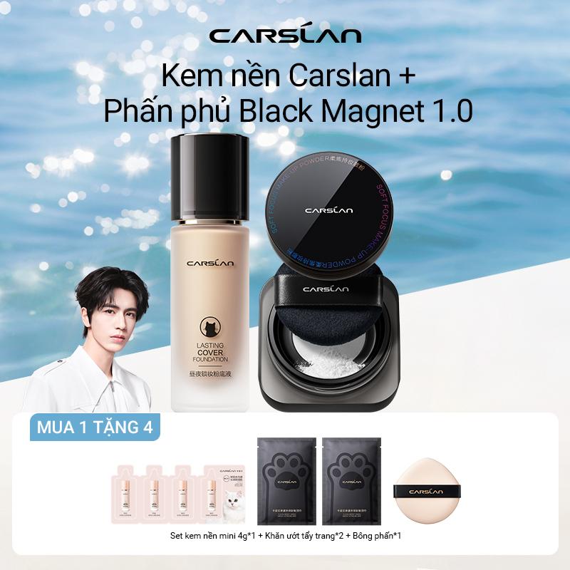 【COMBO Bộ Trang Điểm Bộ Hai Mảnh Carslan Phấn Phủ Từ Tính Màu Đen 8g + Kem Nền Dạng Lỏng Kiểm Soát Dầu Lớp Che Phủ Hoàn Toàn Lì 30g+ Free gifts Kem nền minisize 4g*1+Khăn lau tẩy trang*2+bông phấn*1