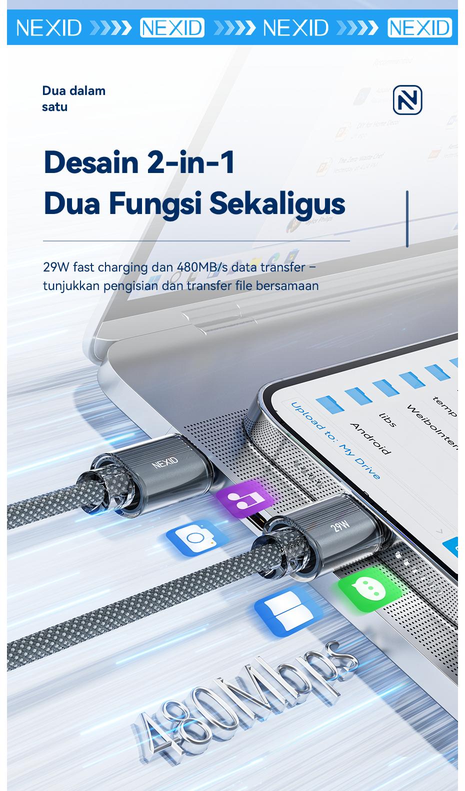 NEXID Kabel Data PD29W 1.2 Meter Type C USB C to Lightning Fast Charging untuk iPhone 11 12 13 14 Pro Plus Max dengan Penampilan Maksimal