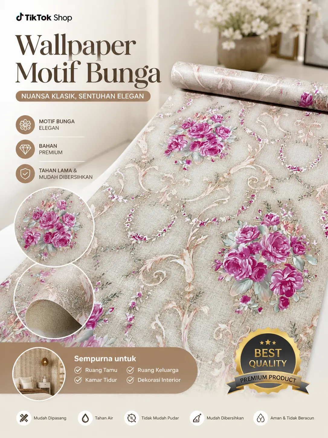 Wallpaper Sticker Motif SHABBY KREM ukuran 45cm x 8m